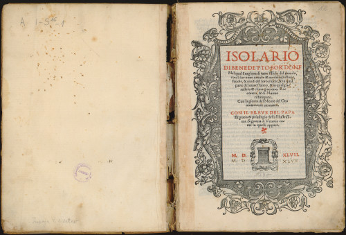 Isolario di Benedetto Bordone nel qual si ragiona di tutte l'Isole del mondo : con li lor nomi antichi & moderni historie, fauole & modi del loro viuere & in qual parte del mare stanno & in qual parallelo & clima giaciono : Ricoreto & di nuovo ristampato : con la gionta del Monte del Oro nouamente ritrouato : con il breve del Papa / di Benedetto Bordone