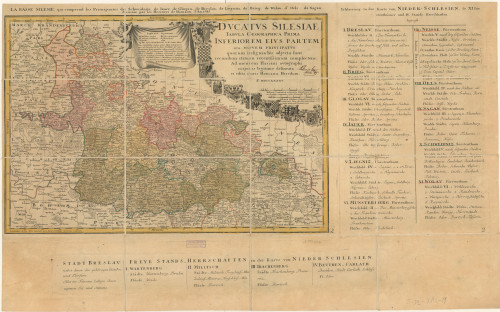 Ducatus Silesiae : tabula geographica prima inferiorum eius partem seu novem principatus quorum insignia hic adjecta sunt secundum statum recentissimum cemplectens / delineata et Homann. heredum